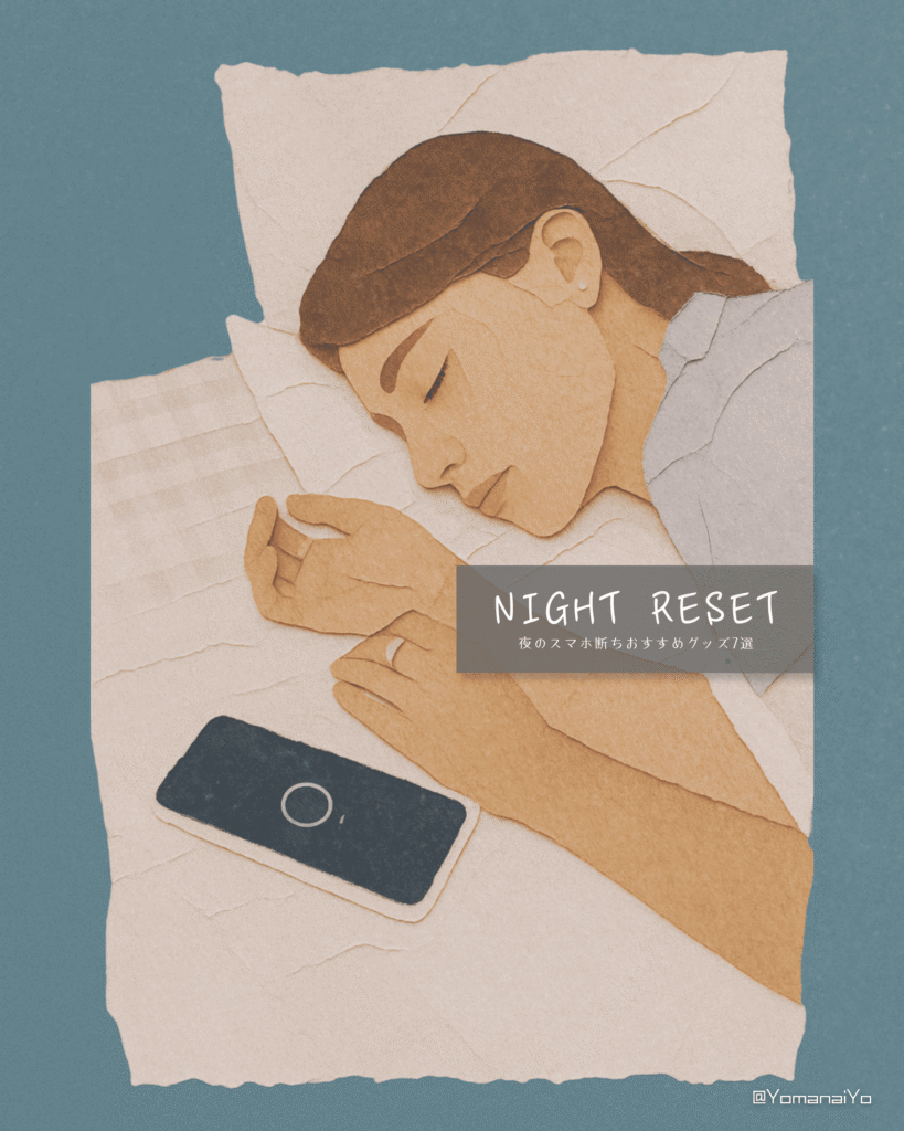 Paper cutout illustration of a woman sleeping in bed with a smartphone next to her, overlaid with the text NIGHT RESET