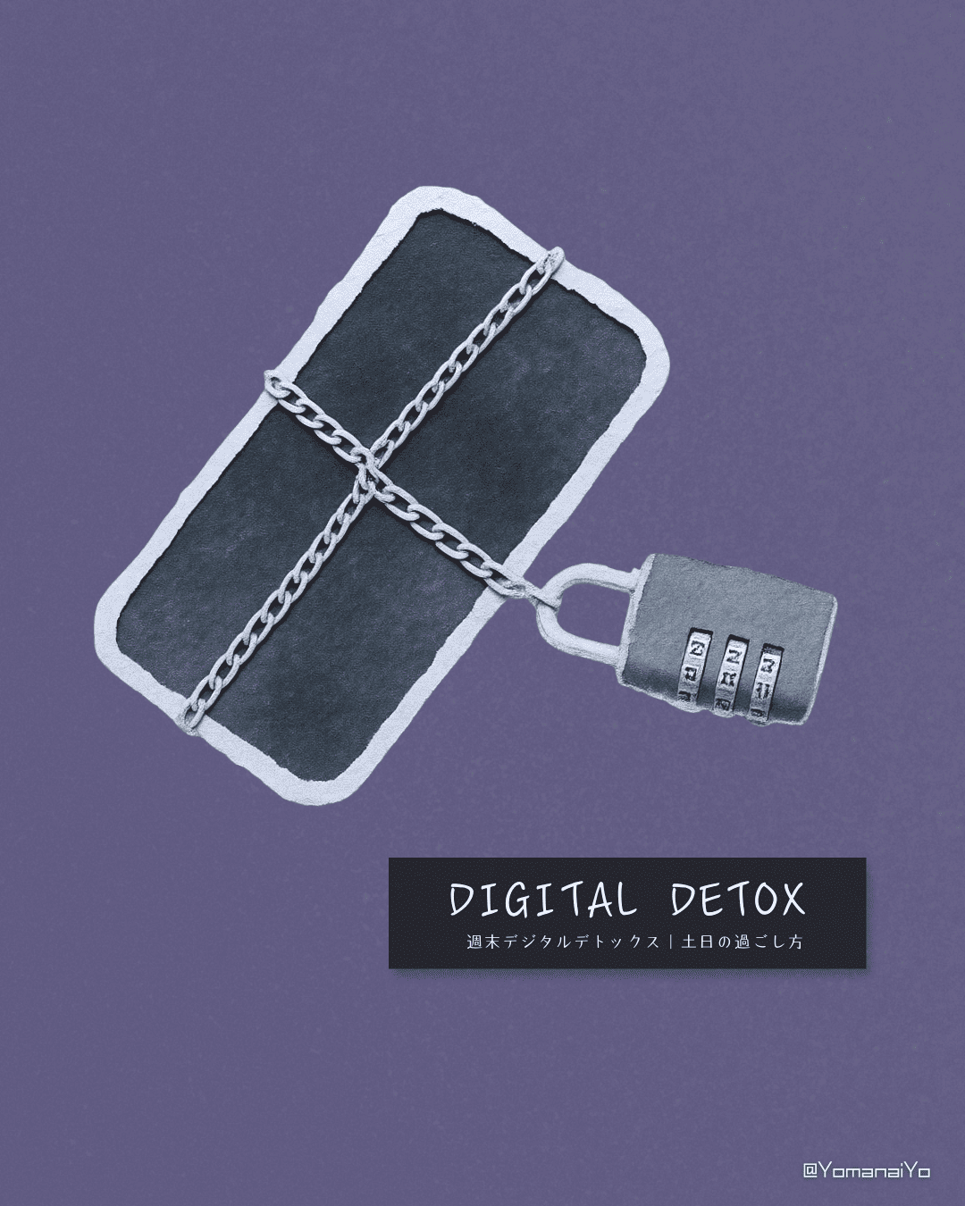 "Paper cutout art of a black smartphone bound in metal chains and secured with a combination padlock on a purple background. Text reads DIGITAL DETOX."