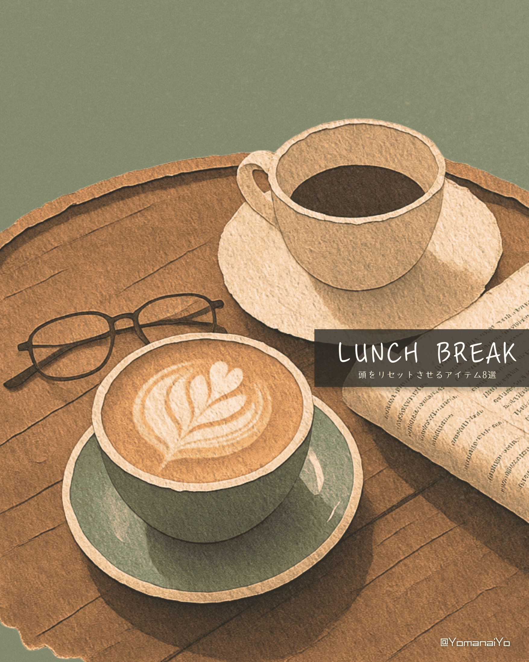 Paper art depicting a latte, a cup of black coffee, eyeglasses, and a folded newspaper on a wooden table. Text LUNCH BREAK