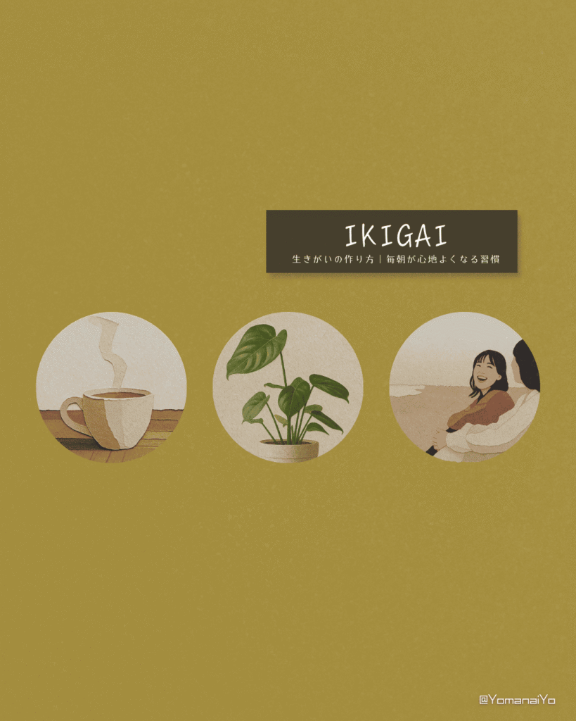 Paper cutout illustration of a coffee cup, a potted plant, and two smiling women inside three circles on a yellow background. Text reads IKIGAI."