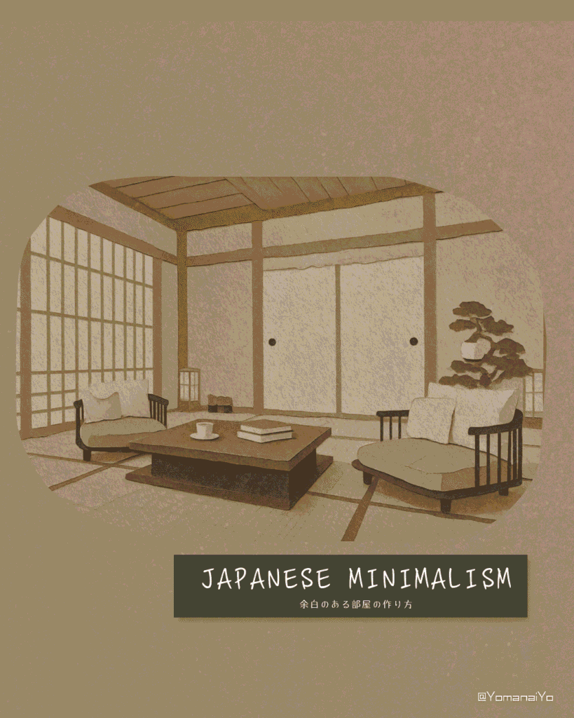 "Paper cutout art of a traditional Japanese room with tatami mats, shoji screens, low chairs, and a bonsai tree. Text reads JAPANESE MINIMALISM."